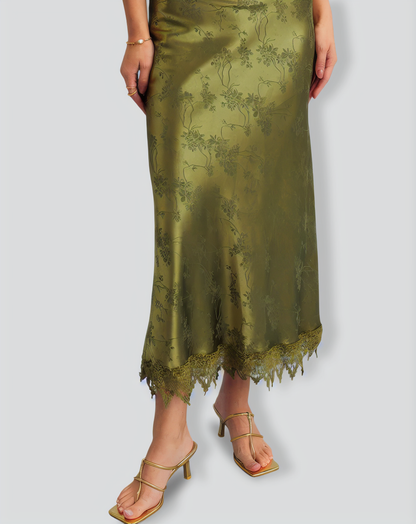 Green Jacquard Cap Sleeve Satin Midi Dress