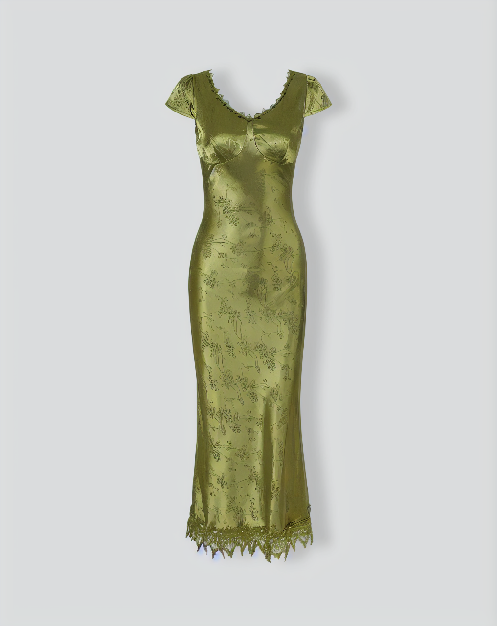 Green Jacquard Cap Sleeve Satin Midi Dress