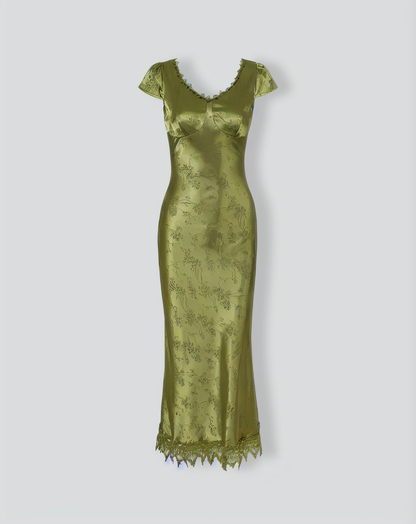 Green Jacquard Cap Sleeve Satin Midi Dress