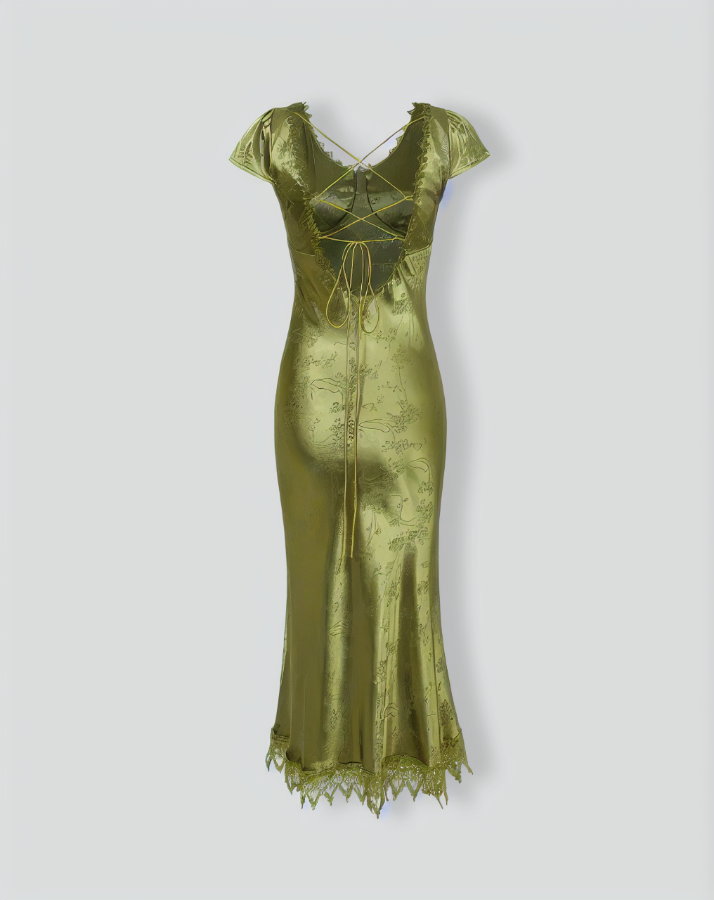 Green Jacquard Cap Sleeve Satin Midi Dress