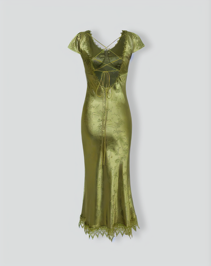 Green Jacquard Cap Sleeve Satin Midi Dress