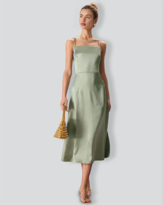 The Green Square Neck Satin Slip Midi Dress