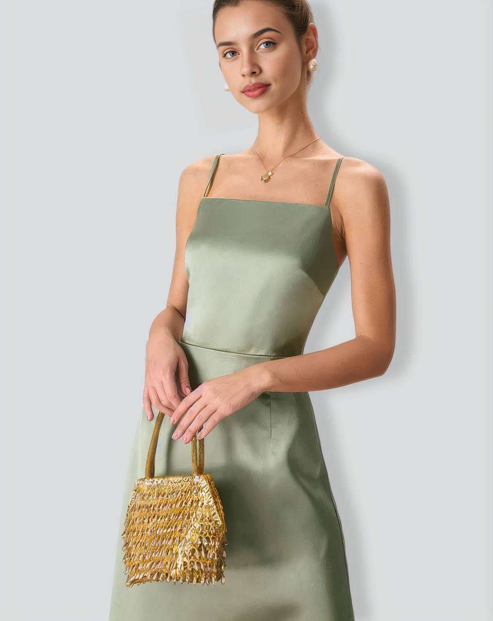 The Green Square Neck Satin Slip Midi Dress