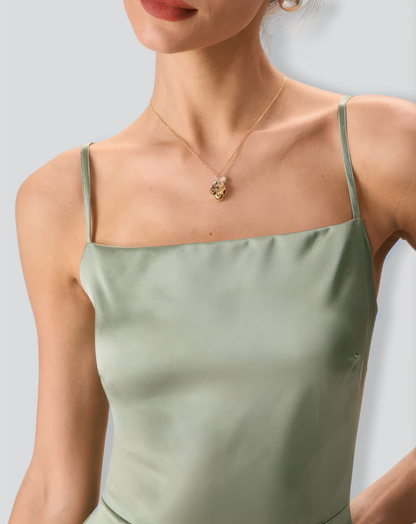 The Green Square Neck Satin Slip Midi Dress