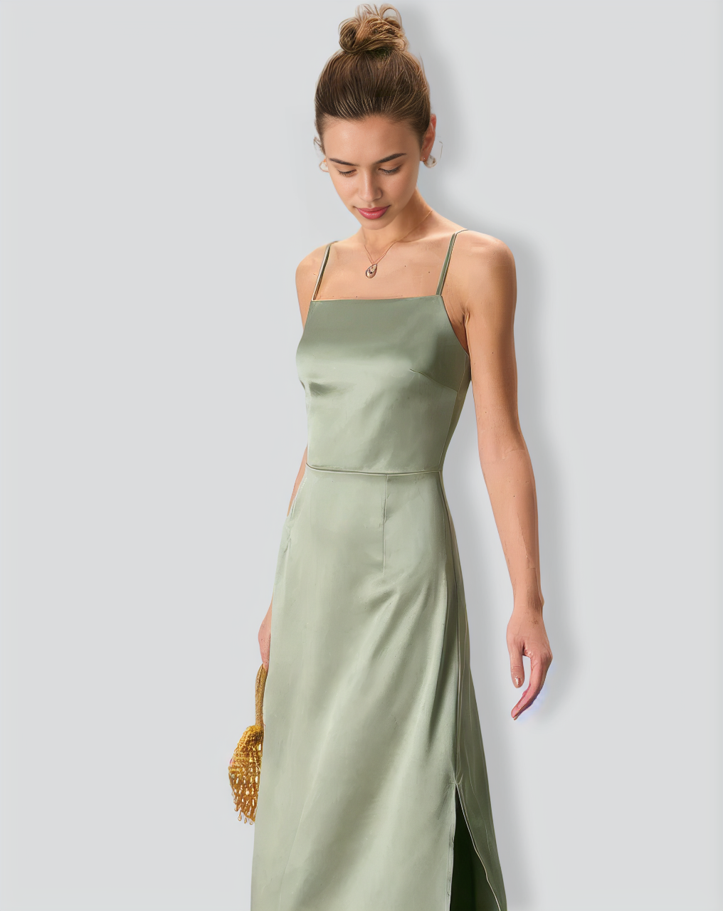 The Green Square Neck Satin Slip Midi Dress