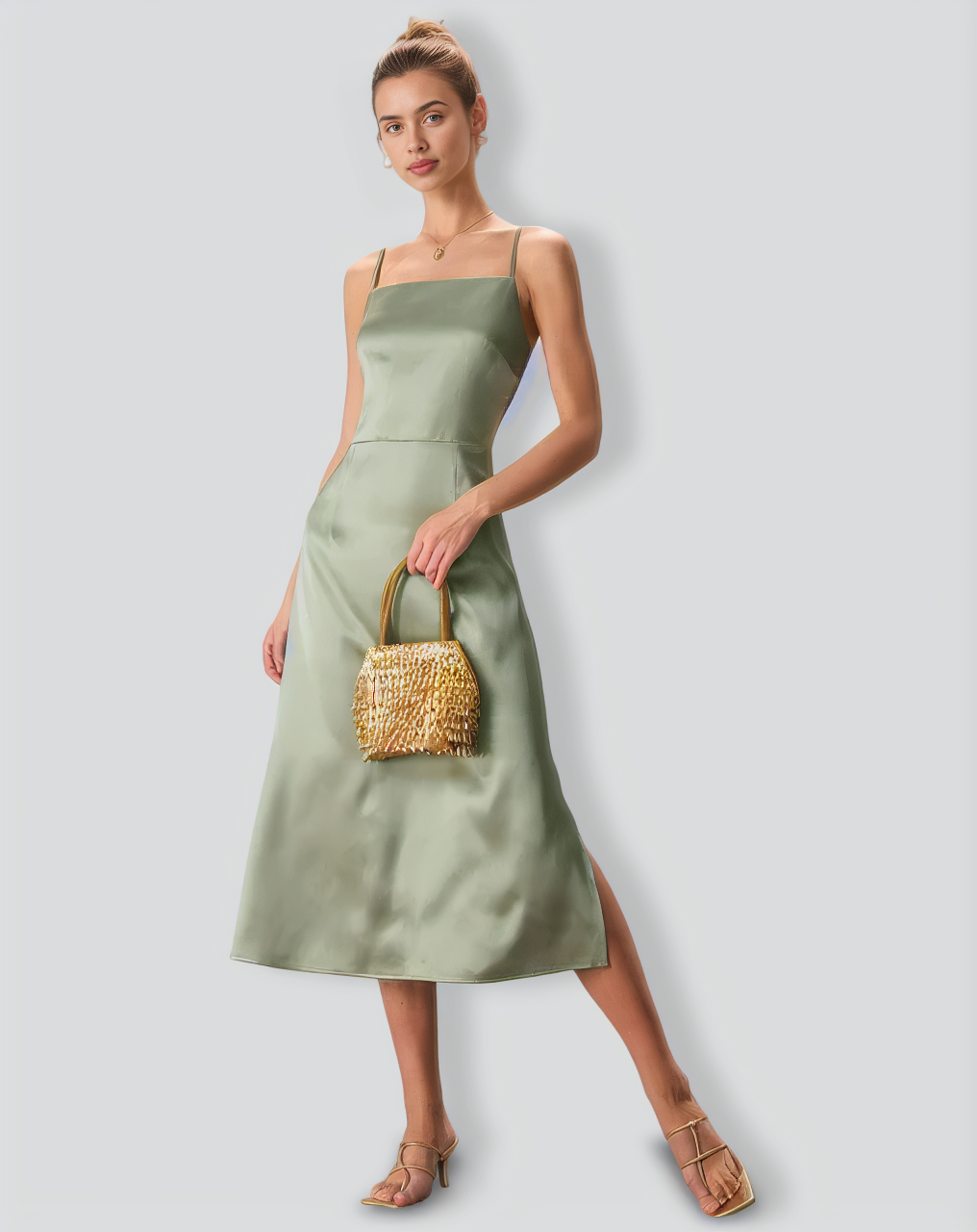The Green Square Neck Satin Slip Midi Dress