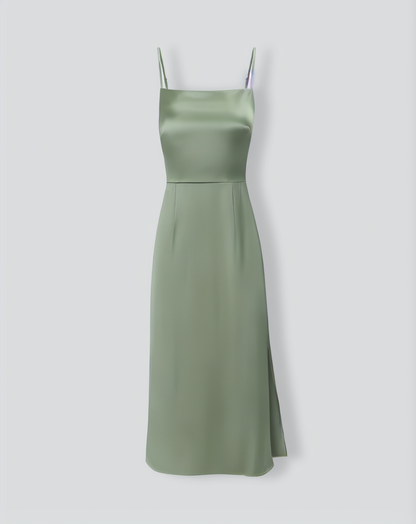 The Green Square Neck Satin Slip Midi Dress