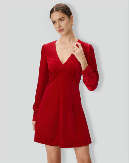 Red Velvet Puffed Sleeve A-Line Mini Dress
