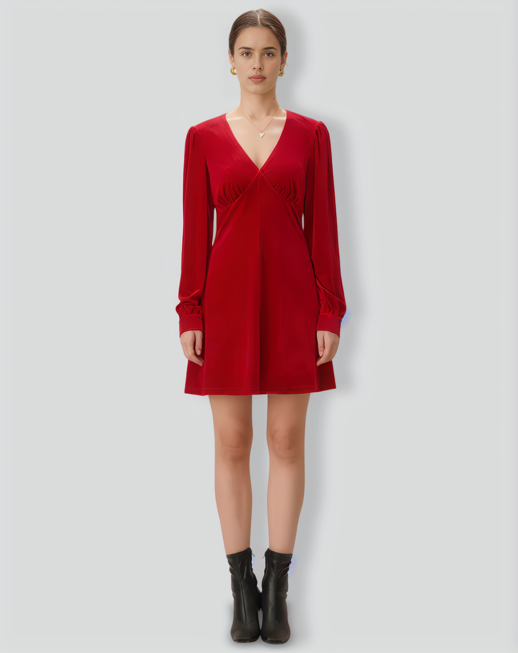 Red Velvet Puffed Sleeve A-Line Mini Dress
