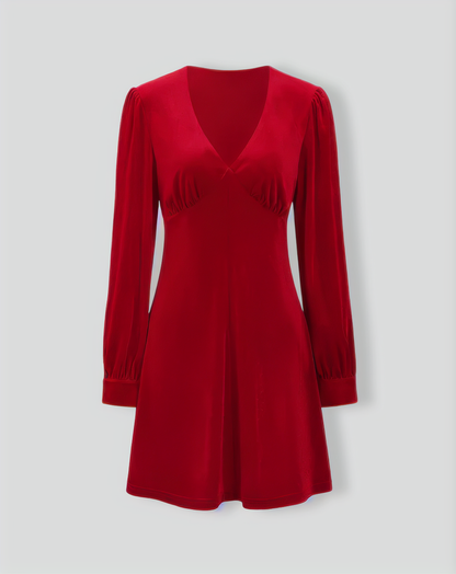 Red Velvet Puffed Sleeve A-Line Mini Dress