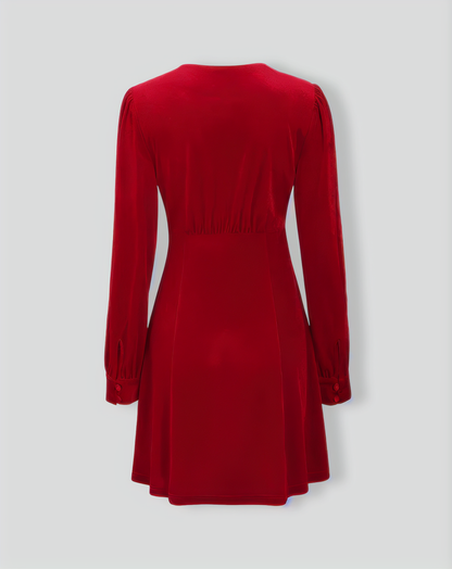 Red Velvet Puffed Sleeve A-Line Mini Dress