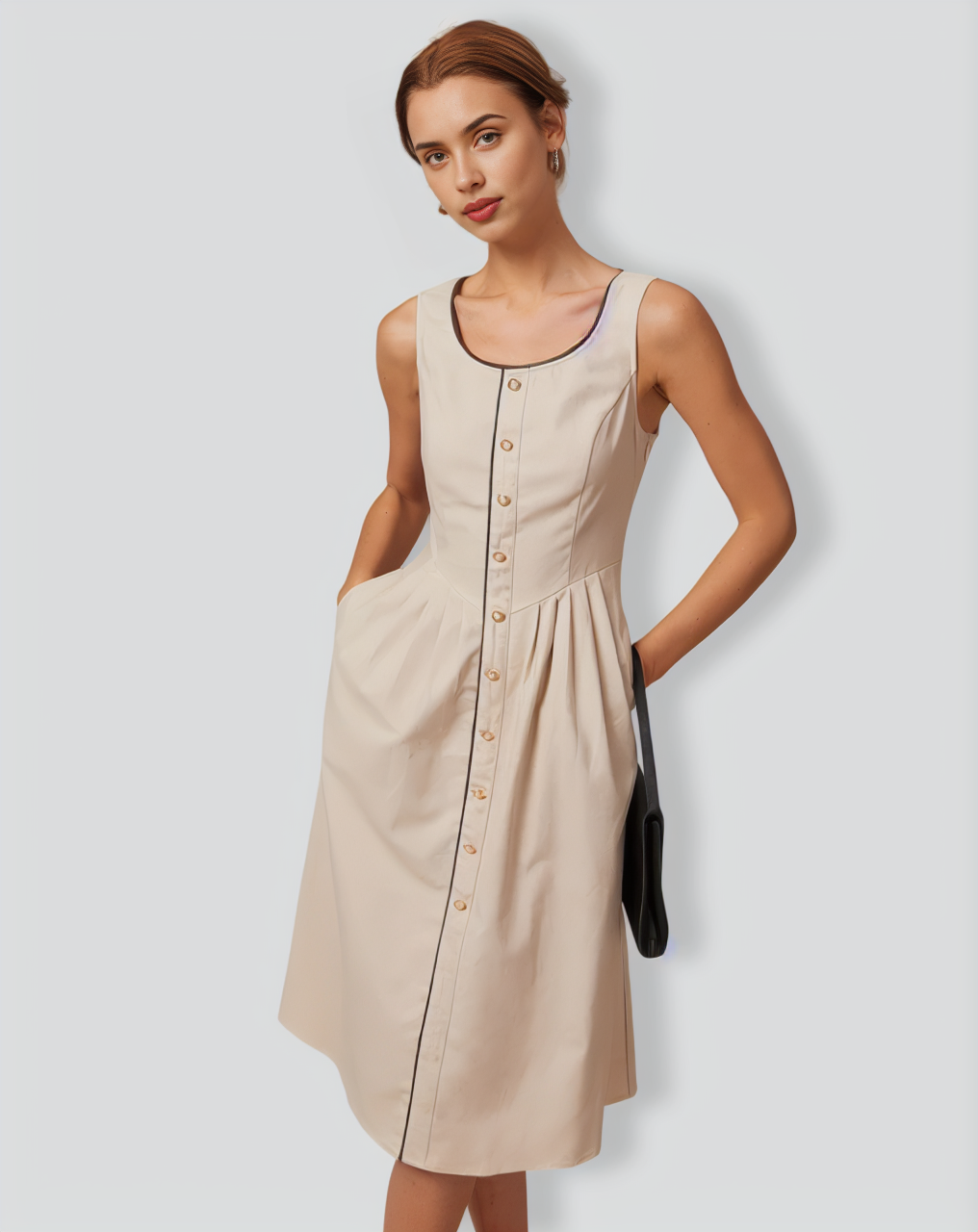 Khaki Round Neck A-Line Midi Dress