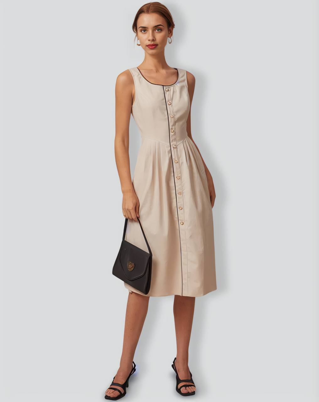 Khaki Round Neck A-Line Midi Dress