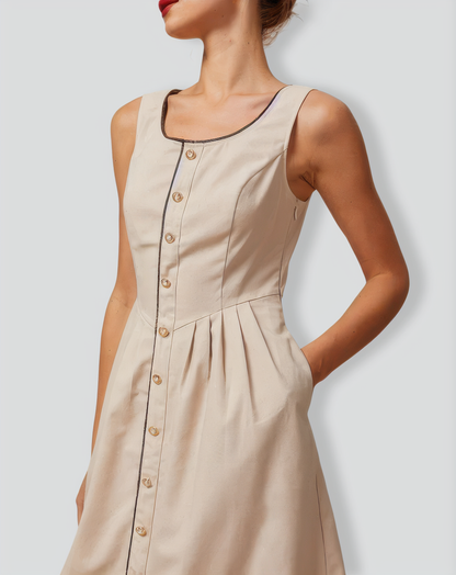 Khaki Round Neck A-Line Midi Dress