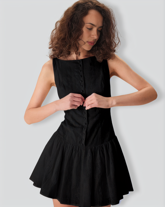 Women's Black Boat Neck Jacquard Cotton Mini Dress