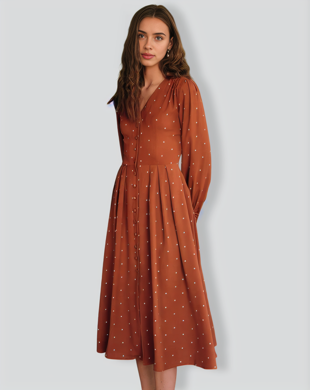 Brown Polka Dot Pleated Midi Dress