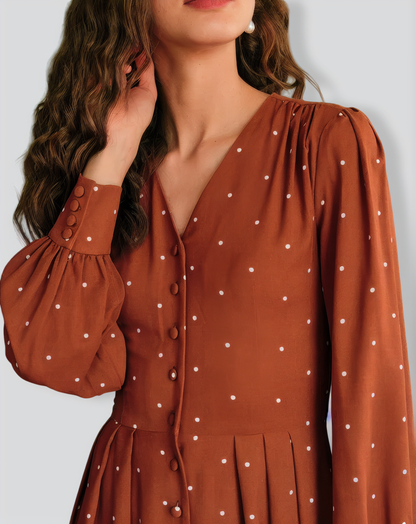 Brown Polka Dot Pleated Midi Dress