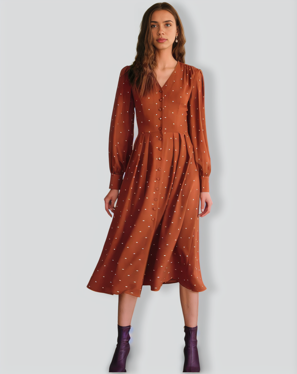 Brown Polka Dot Pleated Midi Dress