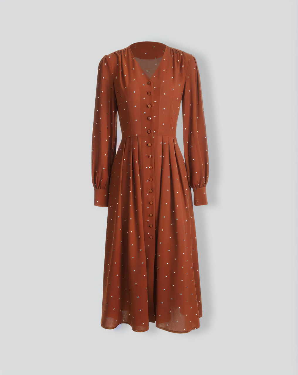 Brown Polka Dot Pleated Midi Dress