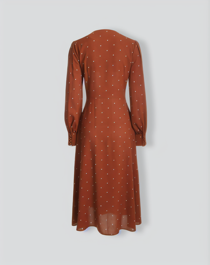 Brown Polka Dot Pleated Midi Dress