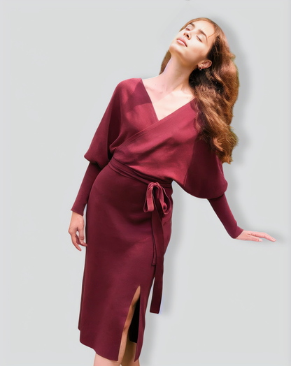 The Wine Red Wrap Sweater Midi Dress