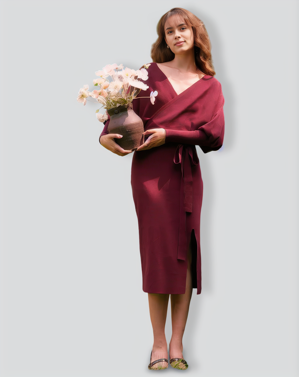 The Wine Red Wrap Sweater Midi Dress