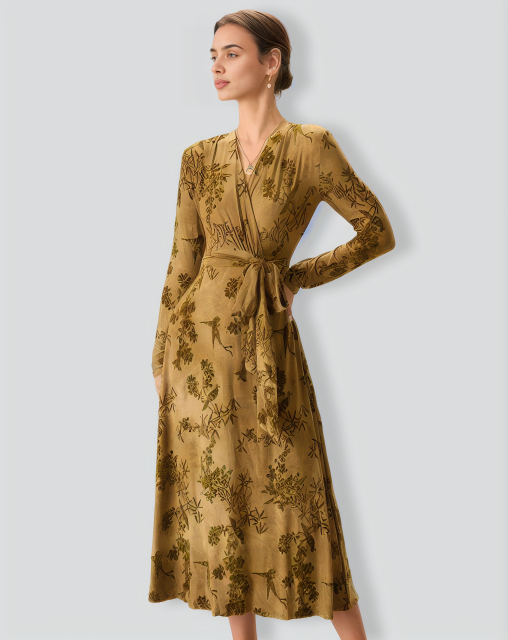 Women's Yellow Ruched Wrap Midi Dress