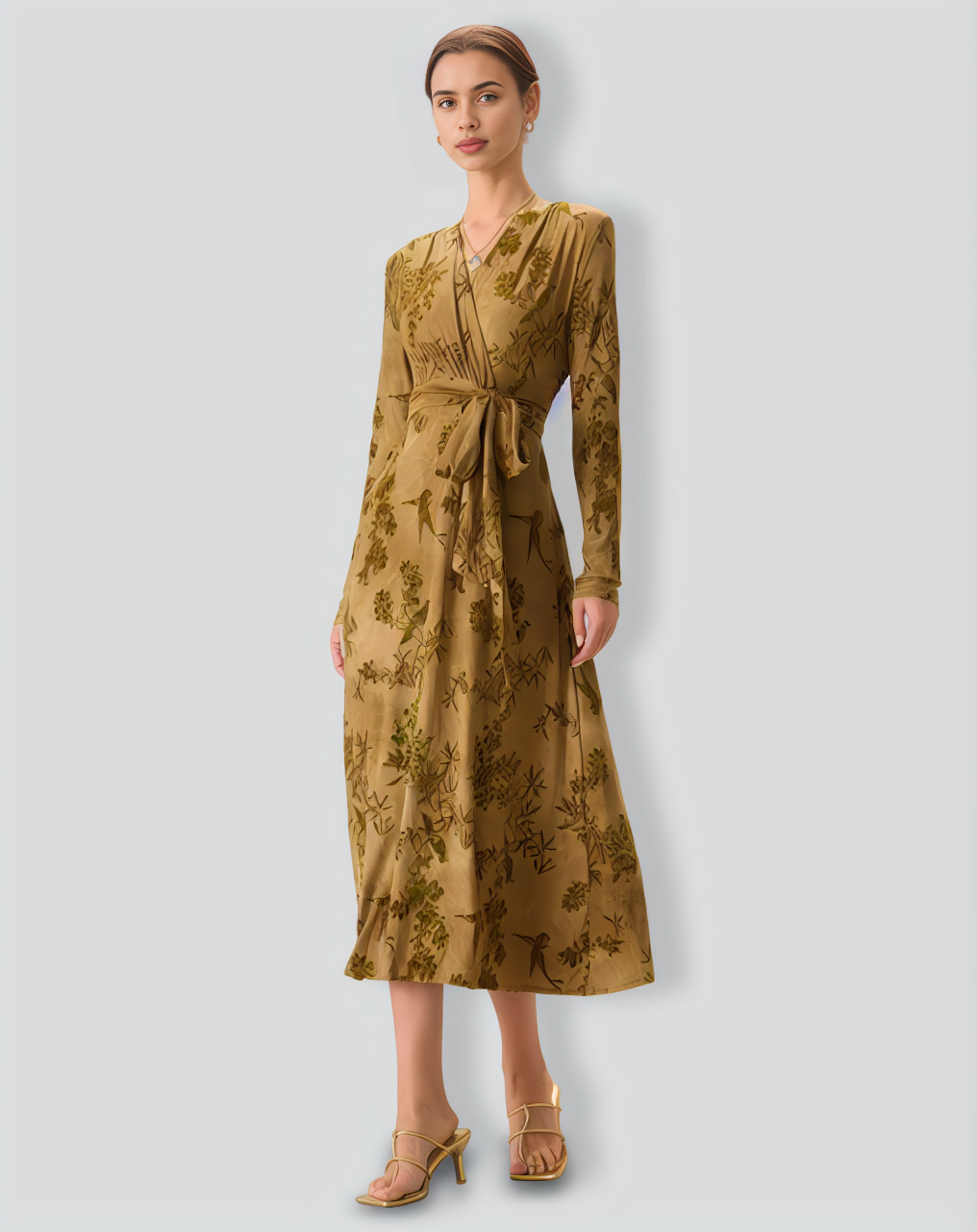 Women's Yellow Ruched Wrap Midi Dress