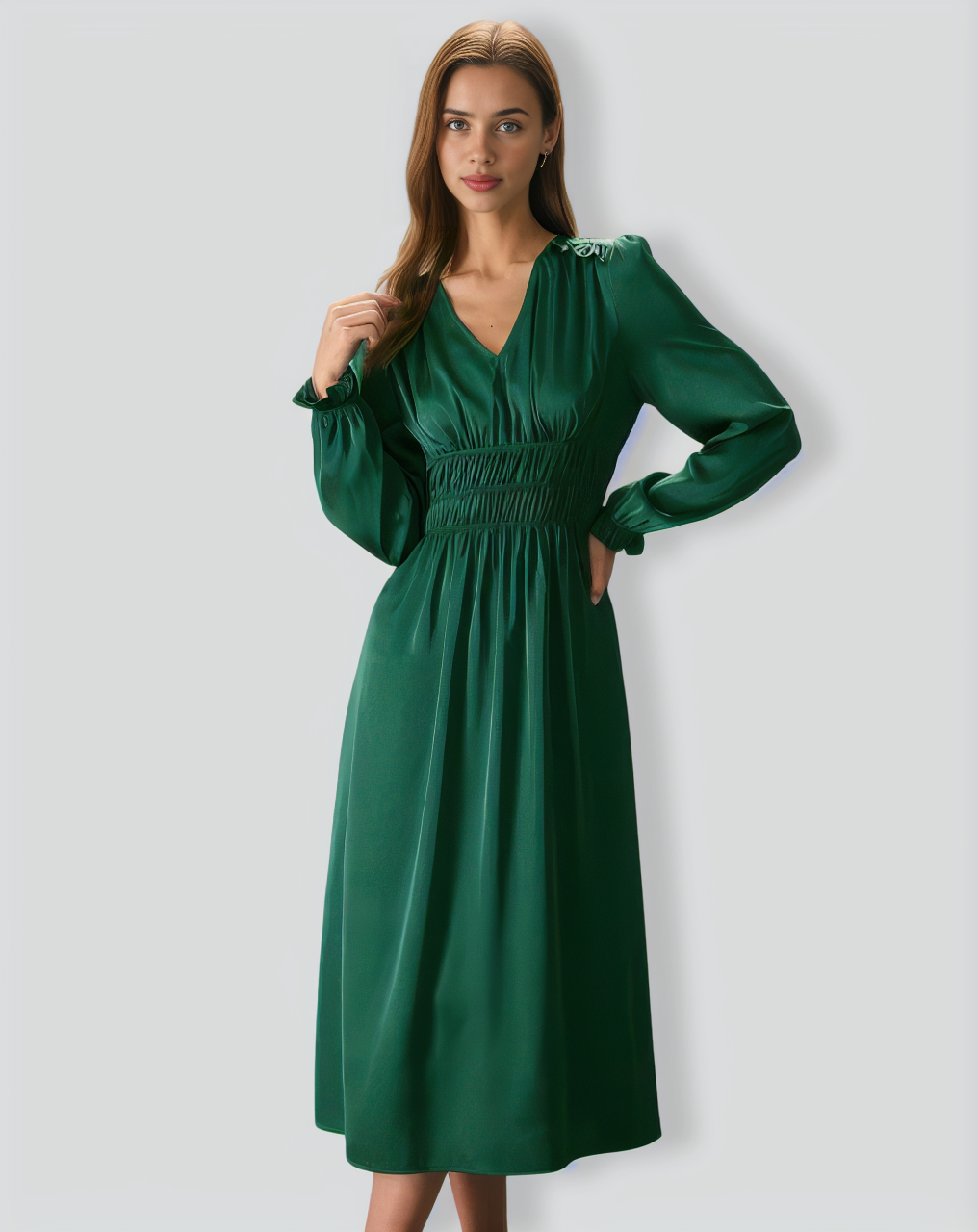 The Green V Neck Ruched Satin Midi Dress