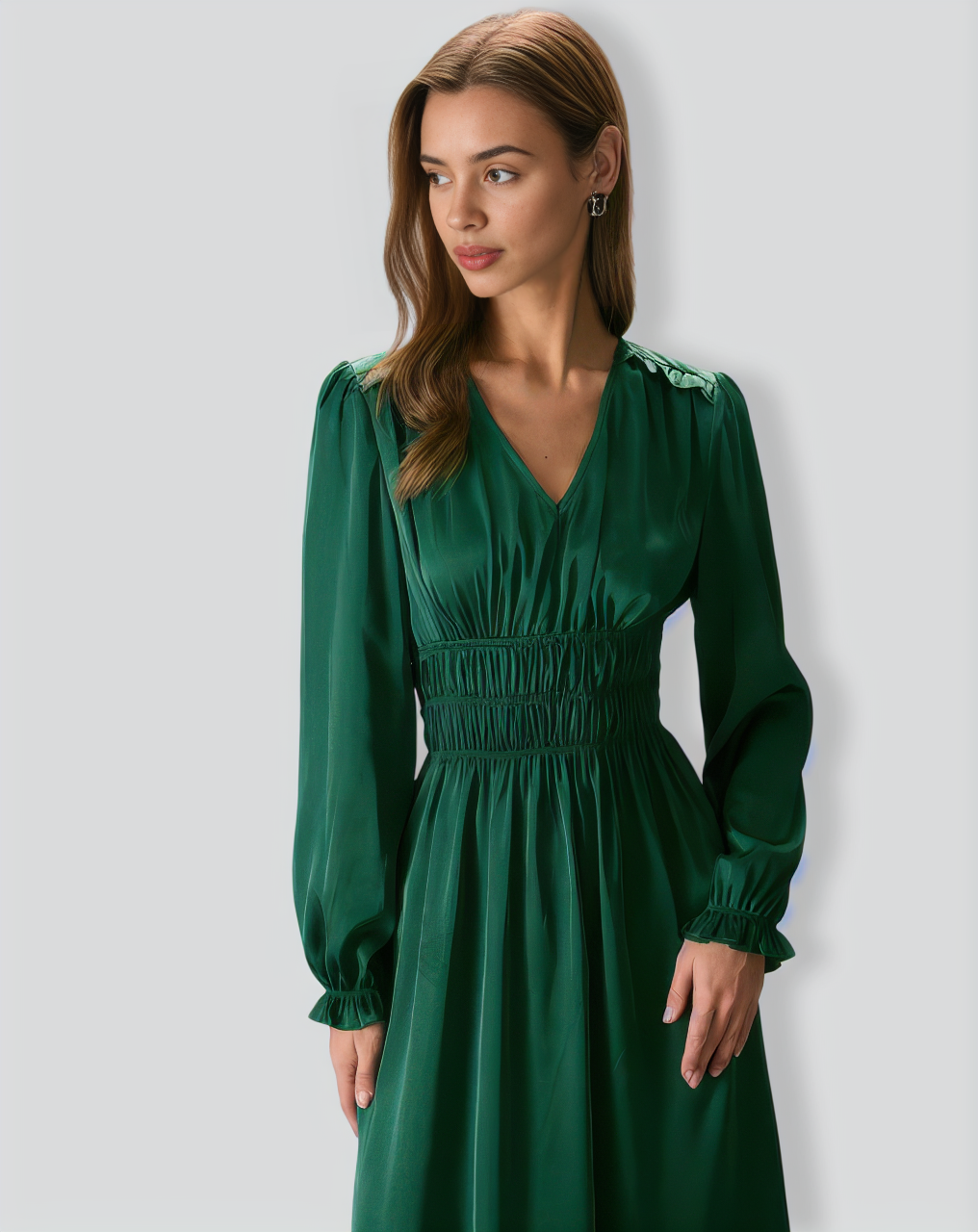 The Green V Neck Ruched Satin Midi Dress