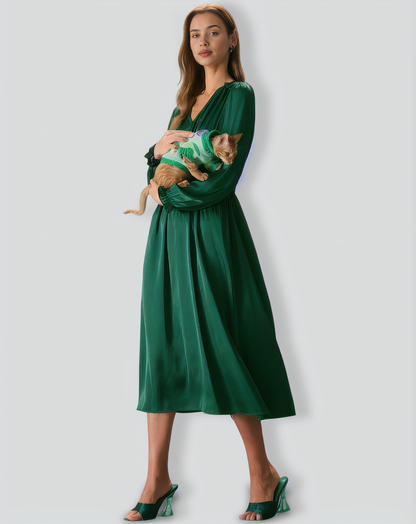 The Green V Neck Ruched Satin Midi Dress