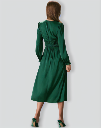 The Green V Neck Ruched Satin Midi Dress