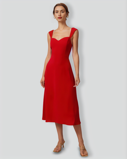 The Red Sweetheart Neck Cap Sleeve Midi Dress