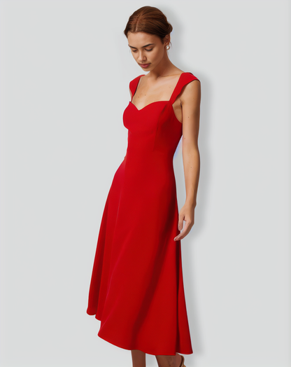 The Red Sweetheart Neck Cap Sleeve Midi Dress