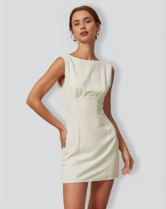 The Beige Boat Neck Back Bowknot Mini Dress