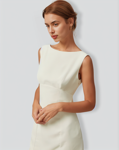 The Beige Boat Neck Back Bowknot Mini Dress