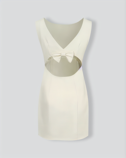 The Beige Boat Neck Back Bowknot Mini Dress