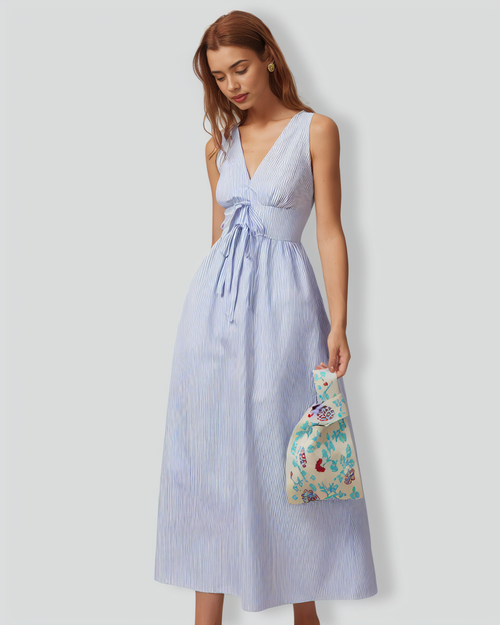 The Blue V Neck Shirred Striped Maxi Dress