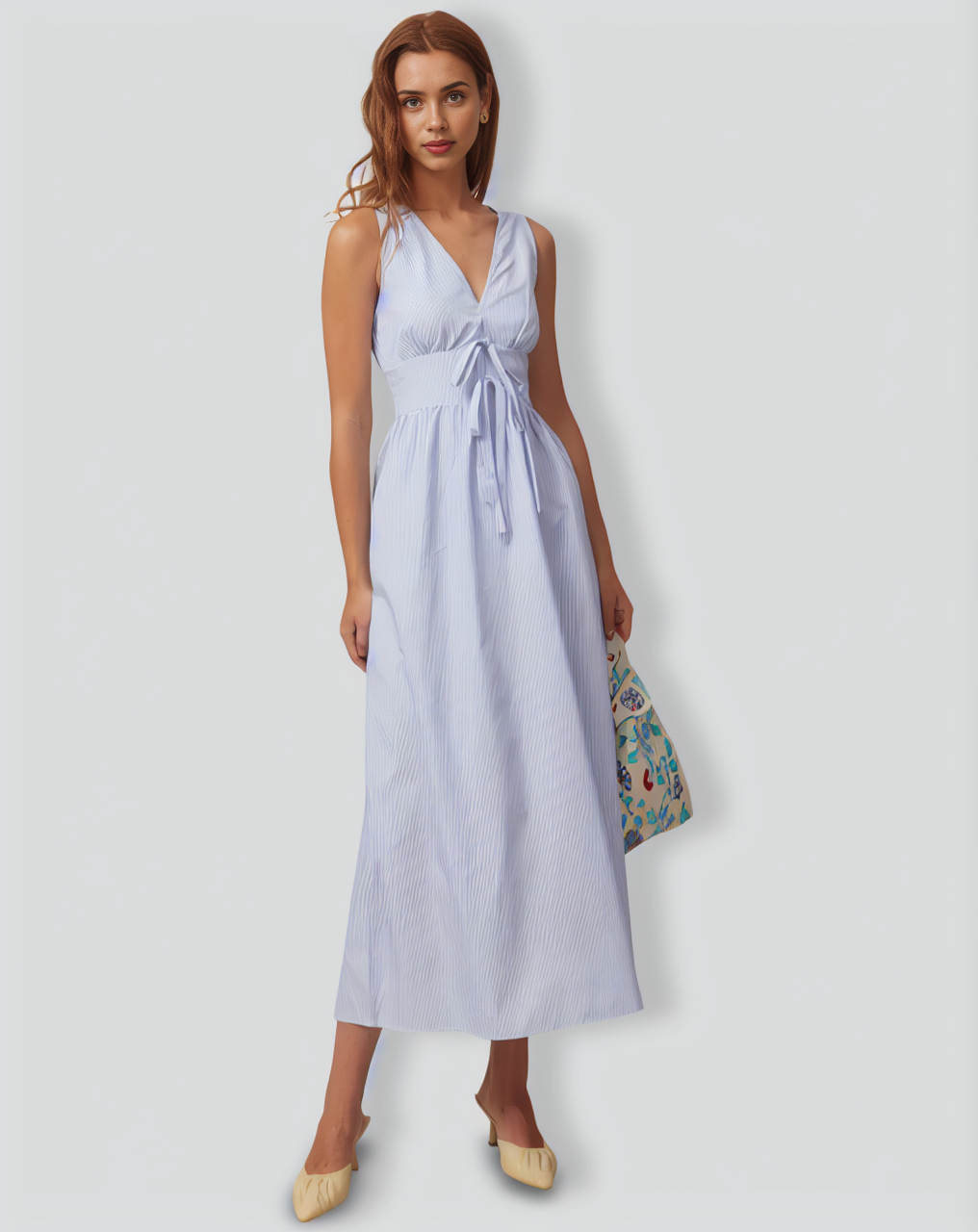 The Blue V Neck Shirred Striped Maxi Dress