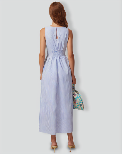 The Blue V Neck Shirred Striped Maxi Dress