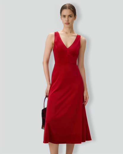 Red Velvet V Neck Backless Midi Dress