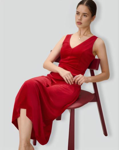 Red Velvet V Neck Backless Midi Dress