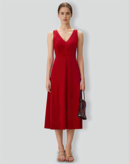 Red Velvet V Neck Backless Midi Dress