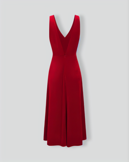 Red Velvet V Neck Backless Midi Dress