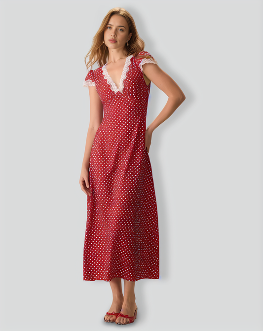 The Red V Neck Polka Dot Lace Ruched Maxi Dress