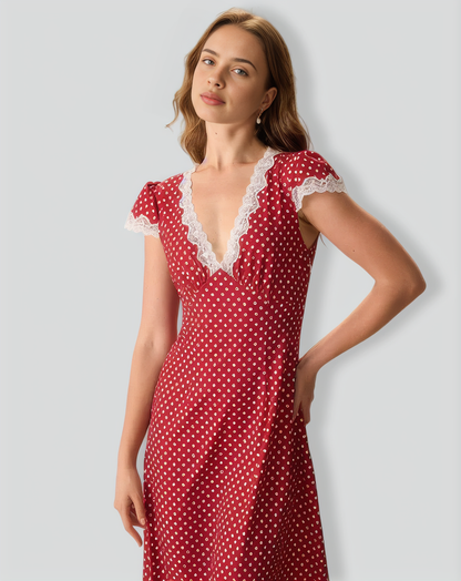 The Red V Neck Polka Dot Lace Ruched Maxi Dress