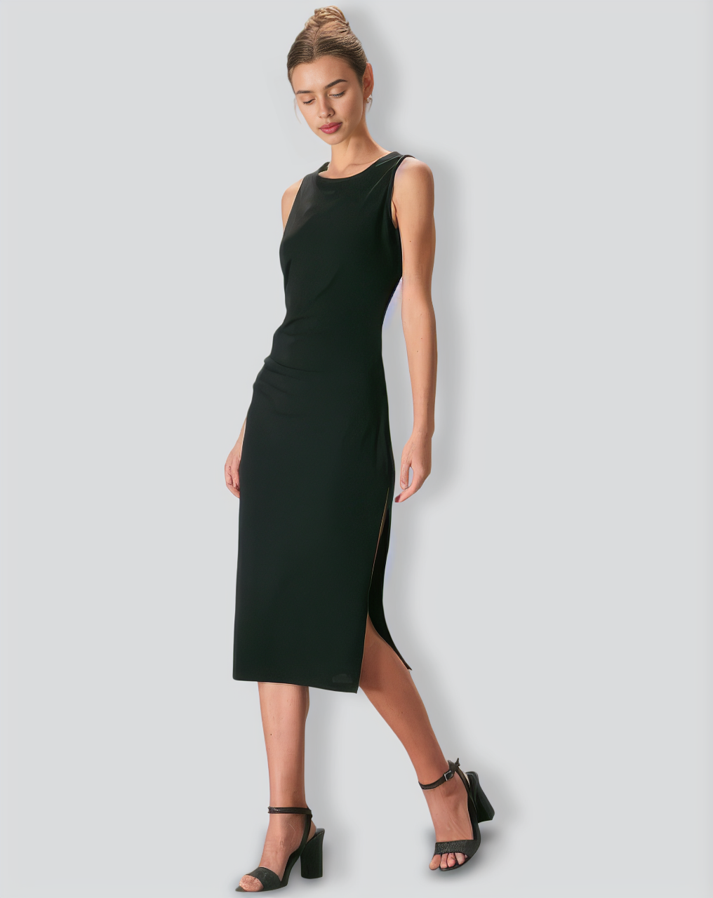 The Black Round Neck Ruched Tank Midi Dress