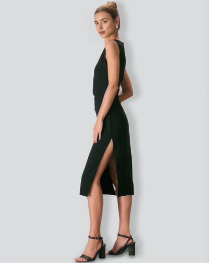 The Black Round Neck Ruched Tank Midi Dress