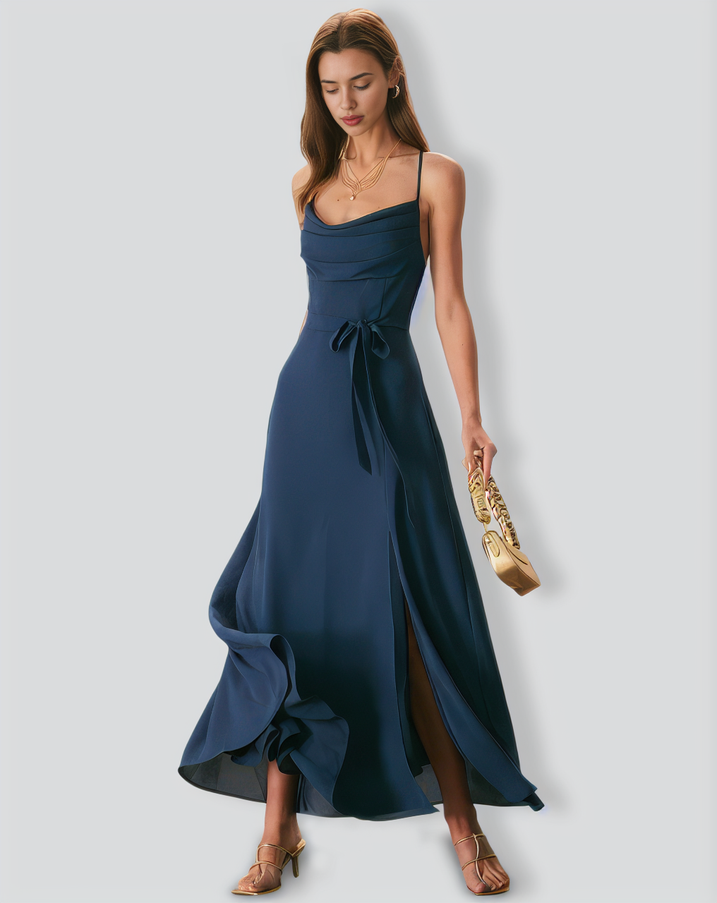 Navy Cowl Neck Cutout Back Maxi Dress