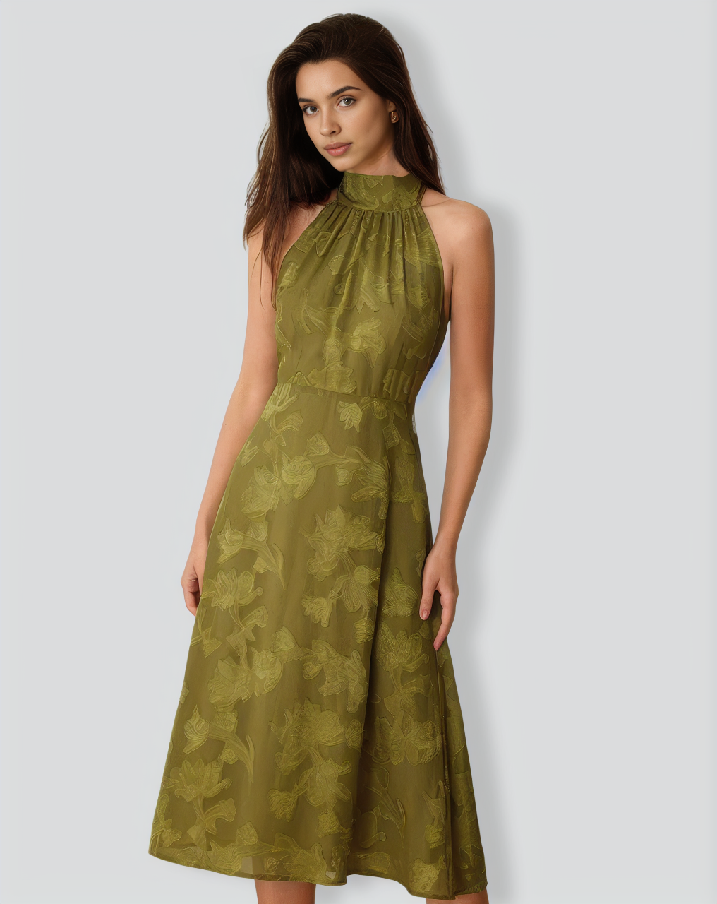 Green Jacquard Ruched Halter Midi Dress